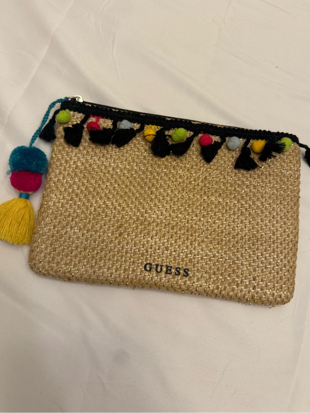 GUESS Natural Raffia Pouch with Multicolor Pom & Black Trim